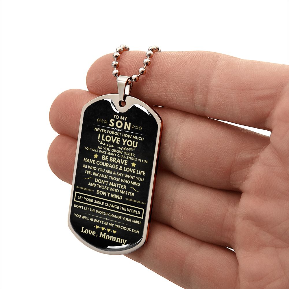Son - Be Brave - Dog Tag - Military Ball Chain - Gold