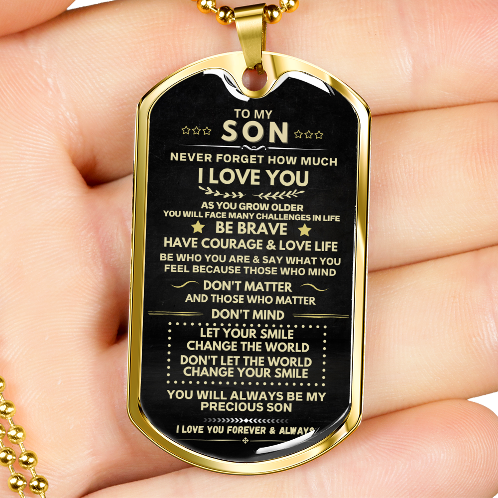 Son - Smile Change The World - Dog Tag - Military Ball Chain - Gold