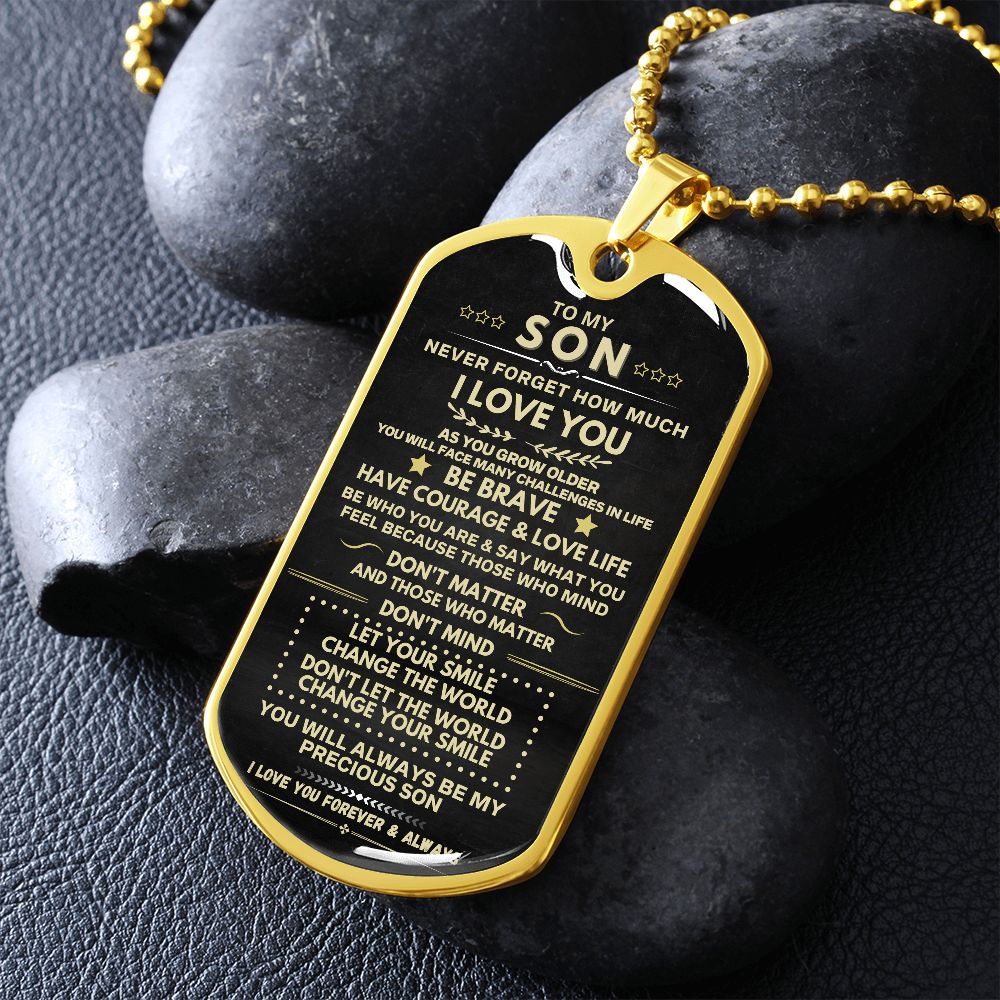 Son - Smile Change The World - Dog Tag - Military Ball Chain - Gold