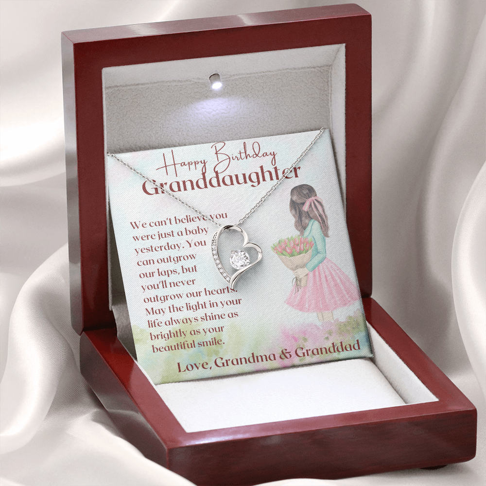 Granddaughter Happy Birthday Forever Love Necklace - Silver - Mahogany Lux Box (w/LED)