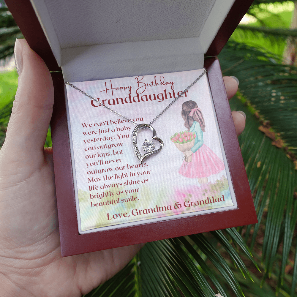 Granddaughter Happy Birthday Forever Love Necklace - Silver - Mahogany Lux Box (w/LED)