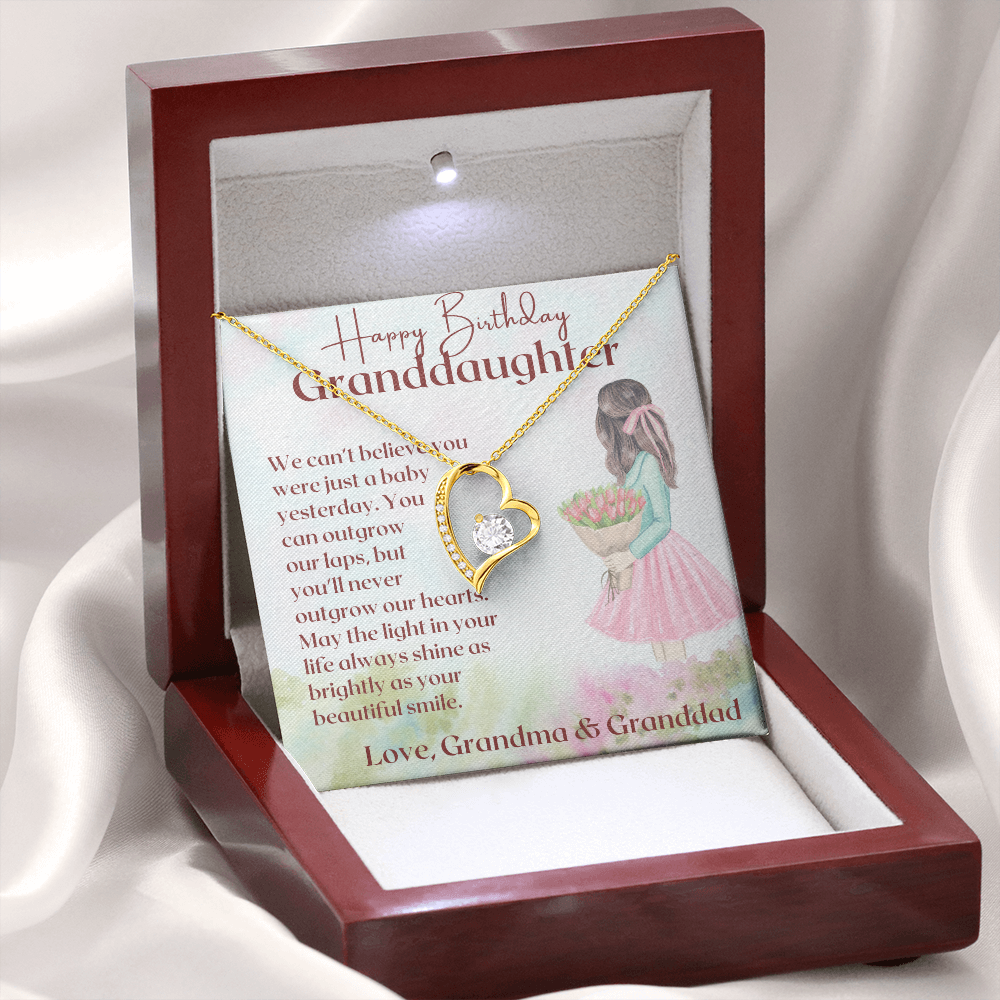 Granddaughter Happy Birthday Forever Love Necklace - Gold - Mahogany Lux Box (w/LED)