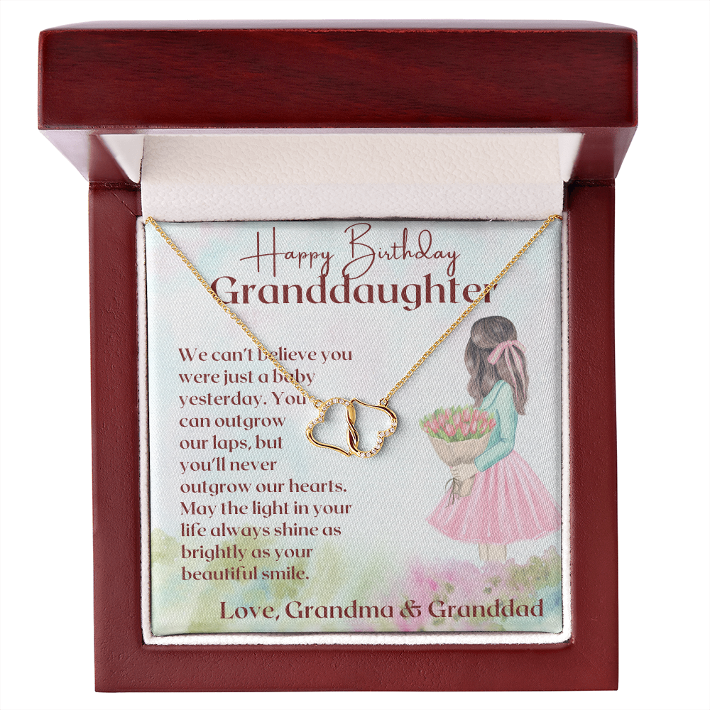 Granddaughter - You'll Never outgrow our Hearts Everlasting Love Necklace - Mahogany Lux Box (w/LED) - Gold