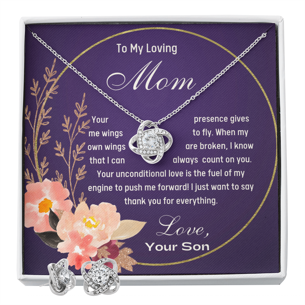 To My Loving Mom -  The Fuel of my Engine Love Knot Necklace & Earrings Set - Standard Box