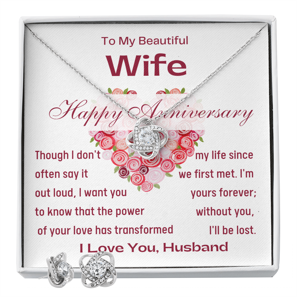 Happy Anniversary To My Beautiful Wife Love Knot Necklace & Earrings Set- Standard Box