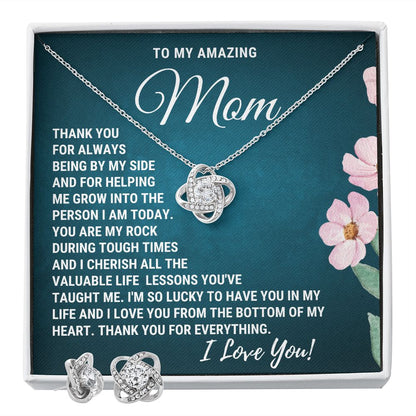 Mom - You Are My Rock - 14k white gold  Necklace & Earring - Standard box Set -