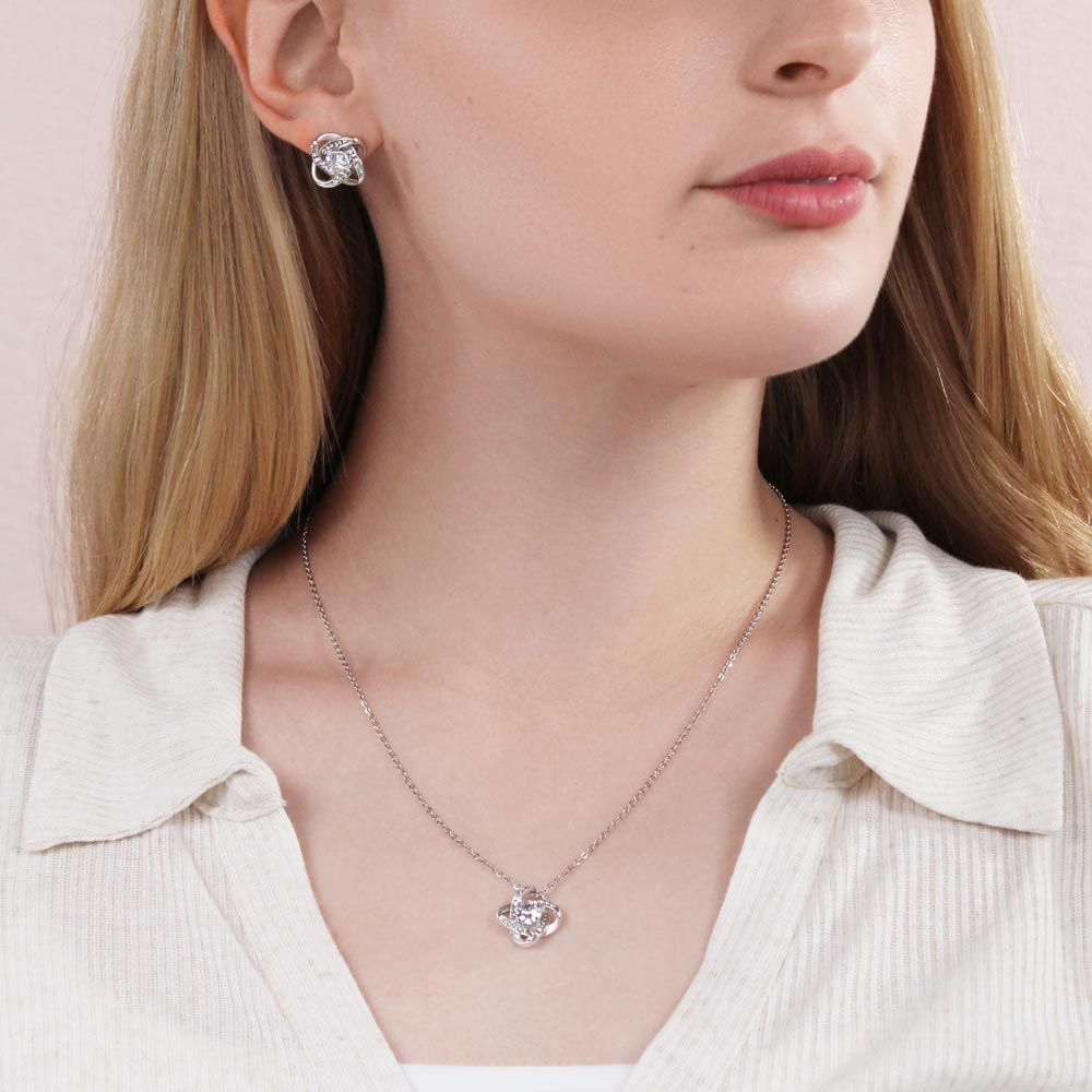 14k white gold necklace & earring set on model
