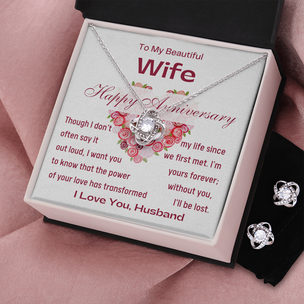 Happy Anniversary To My Beautiful Wife Love Knot Necklace & Earrings Set- Standard Box