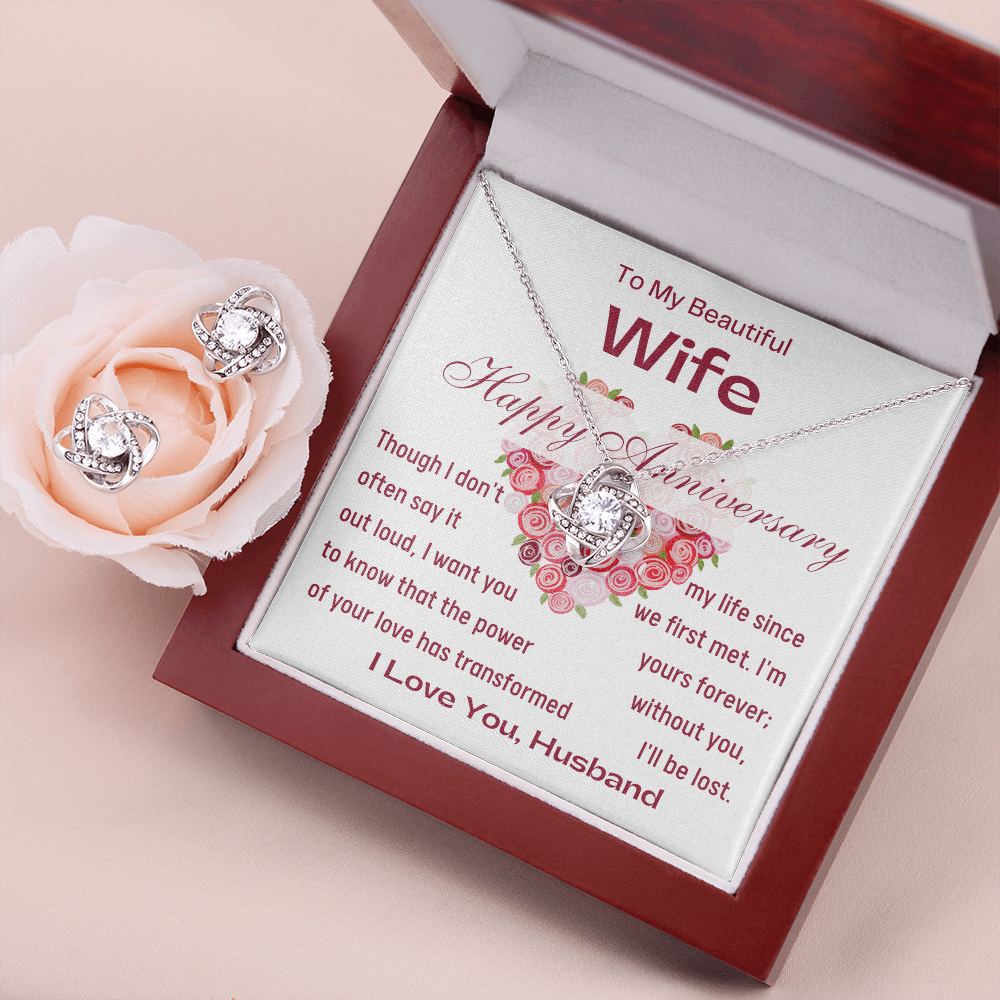 Happy Anniversary To My Beautiful Wife Love Knot Necklace & Earrings Set- Mahogany Lux Box (w/LED)