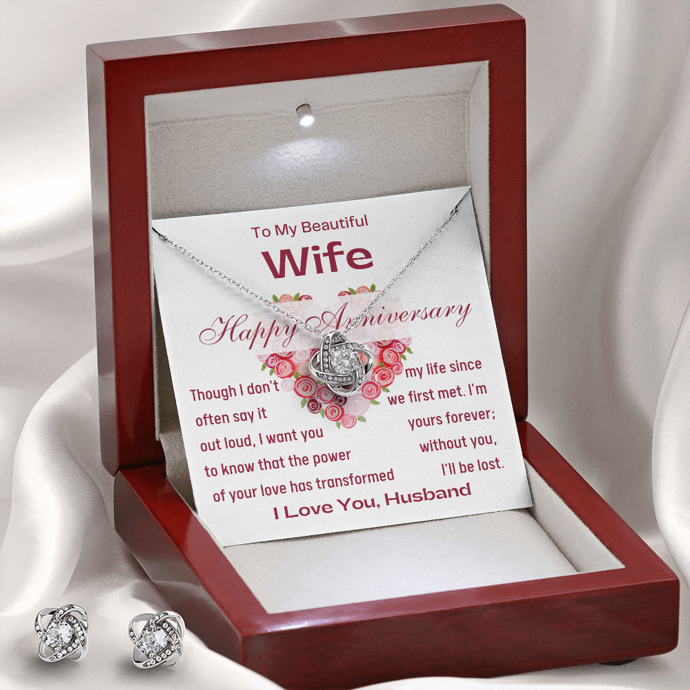 Happy Anniversary To My Beautiful Wife Love Knot Necklace & Earrings Set- Mahogany Lux Box (w/LED)