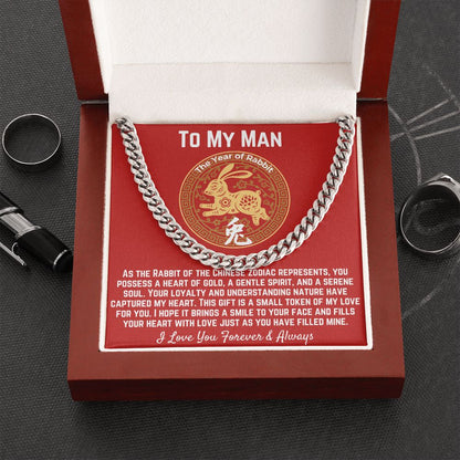 To My Man Chinese Zodiac's Rabbit Cuban Link -Silver - Luxury Box
