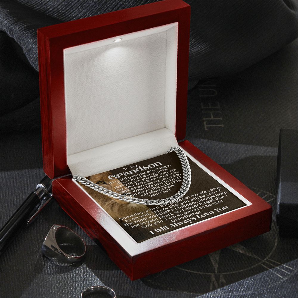 Grandson - Proud Cuban Link Chain Gift Set - Silver - Luxury Box (w/LED)