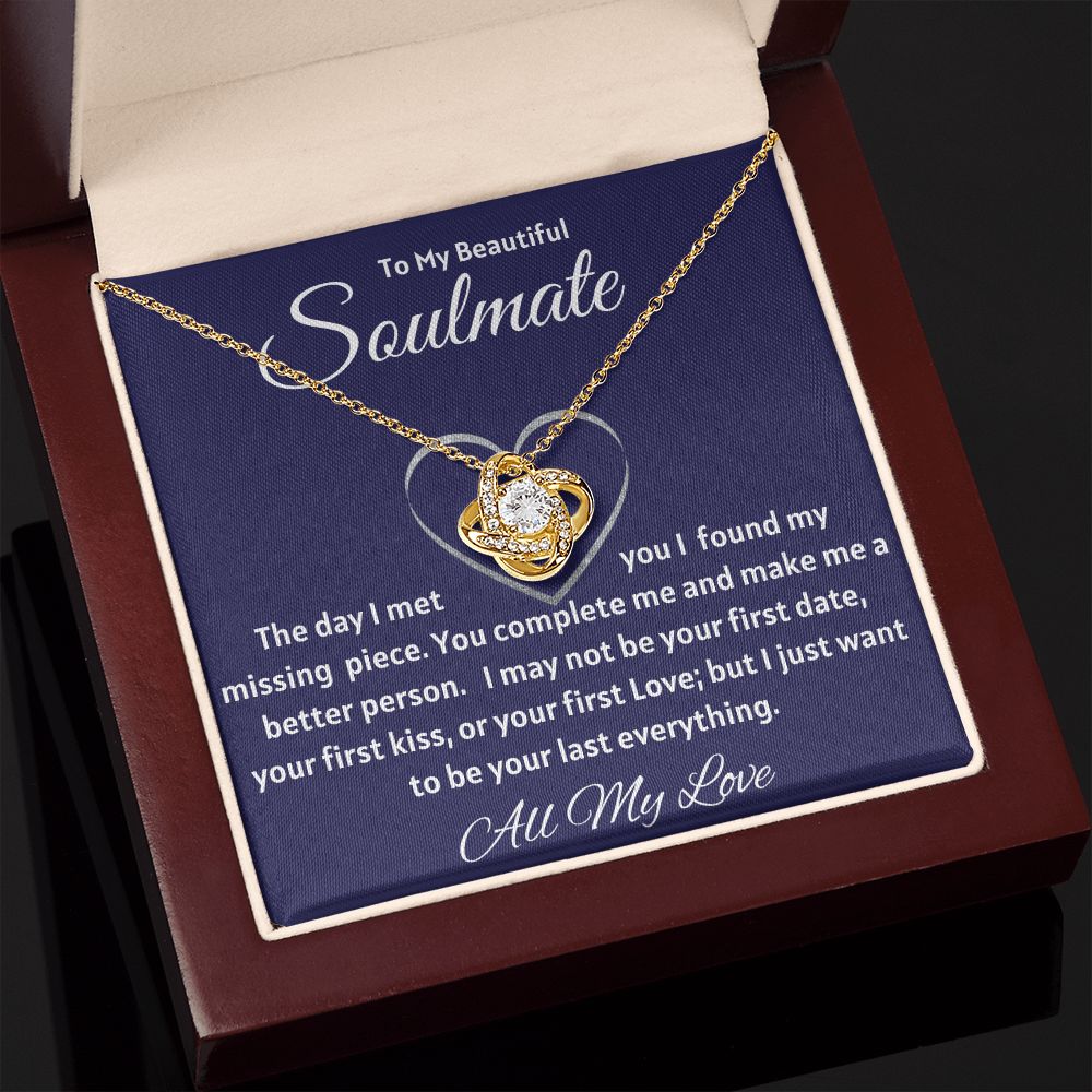 To My Beautiful Soulmate - I Found My Missing Piece - 18k yellow gold finish Love Knot Necklace - Mahogany Lux Box (w/LED)