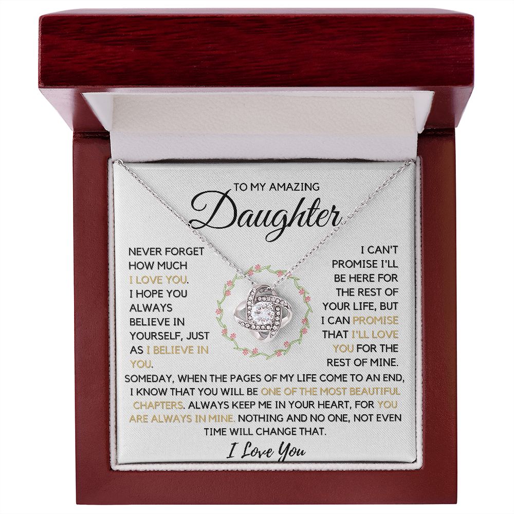 Daughter -  One of The Most Beautiful Chapters Necklace - 14k white gold Love Knot -Mahogany Lux Box (w/LED)