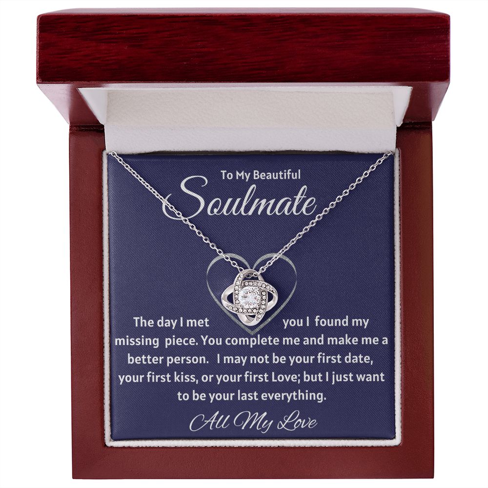 To My Beautiful Soulmate - I Found My Missing Piece - 14k white gold finish Love Knot Necklace - Mahogany Lux Box (w/LED)