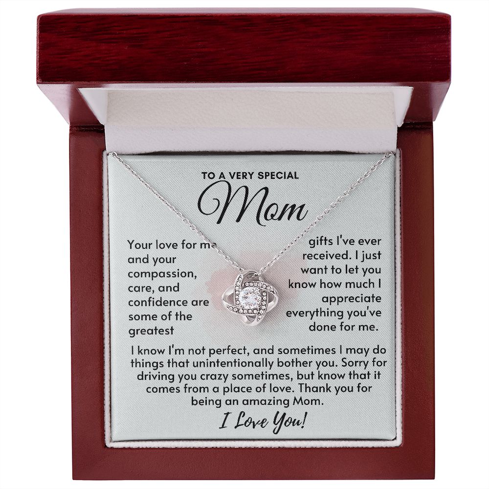 Mom - Your Love is the Greatest Gift - Love Knot Necklace - Silver Luxury  Box (w/LED)