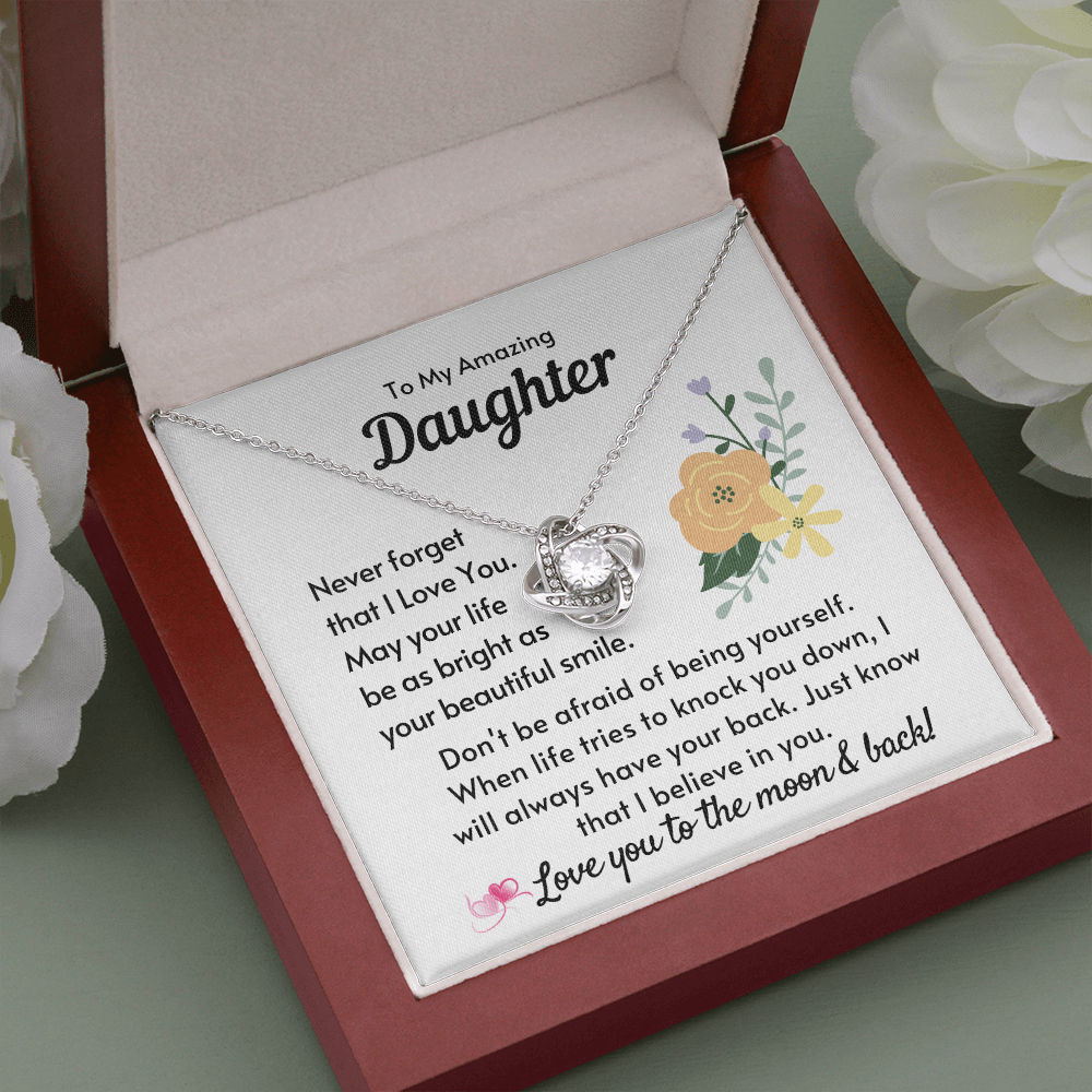 To My Amazing Daughter - Love Knot Necklace - Silver - Mahogany Lux Box (w/LED)
