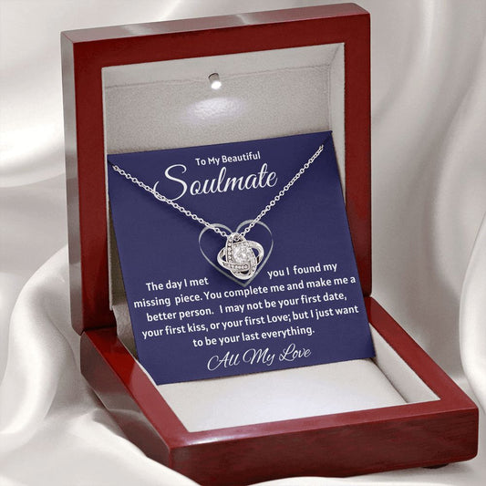 To My Beautiful Soulmate - I Found My Missing Piece - 14k white gold finish Love Knot Necklace - Mahogany Lux Box (w/LED)