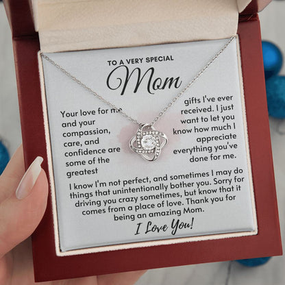 Mom - Your Love is the Greatest Gift - Love Knot Necklace - Silver Luxury  Box (w/LED)