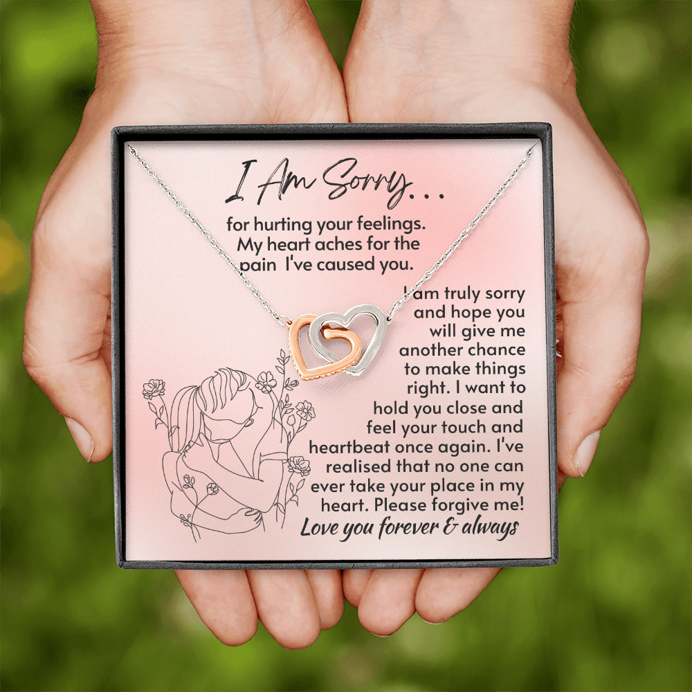 I Am Sorry For Hurting Your Feelings - Interlocking Hearts Necklace - 14k  Steel & Rose Gold Finish - Standard Box
