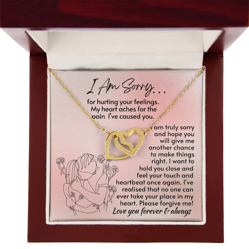 I Am Sorry For Hurting Your Feelings - Interlocking Hearts Necklace - 14k  Steel & Rose Gold Finish - Mahogany Lux Box (w/LED)