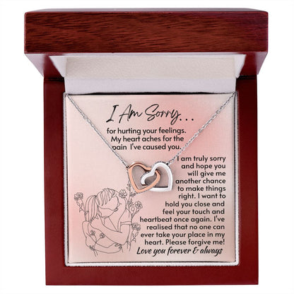 I Am Sorry For Hurting Your Feelings - Interlocking Hearts Necklace - 14k  Steel & Rose Gold Finish Mahogany Lux Box (w/LED)