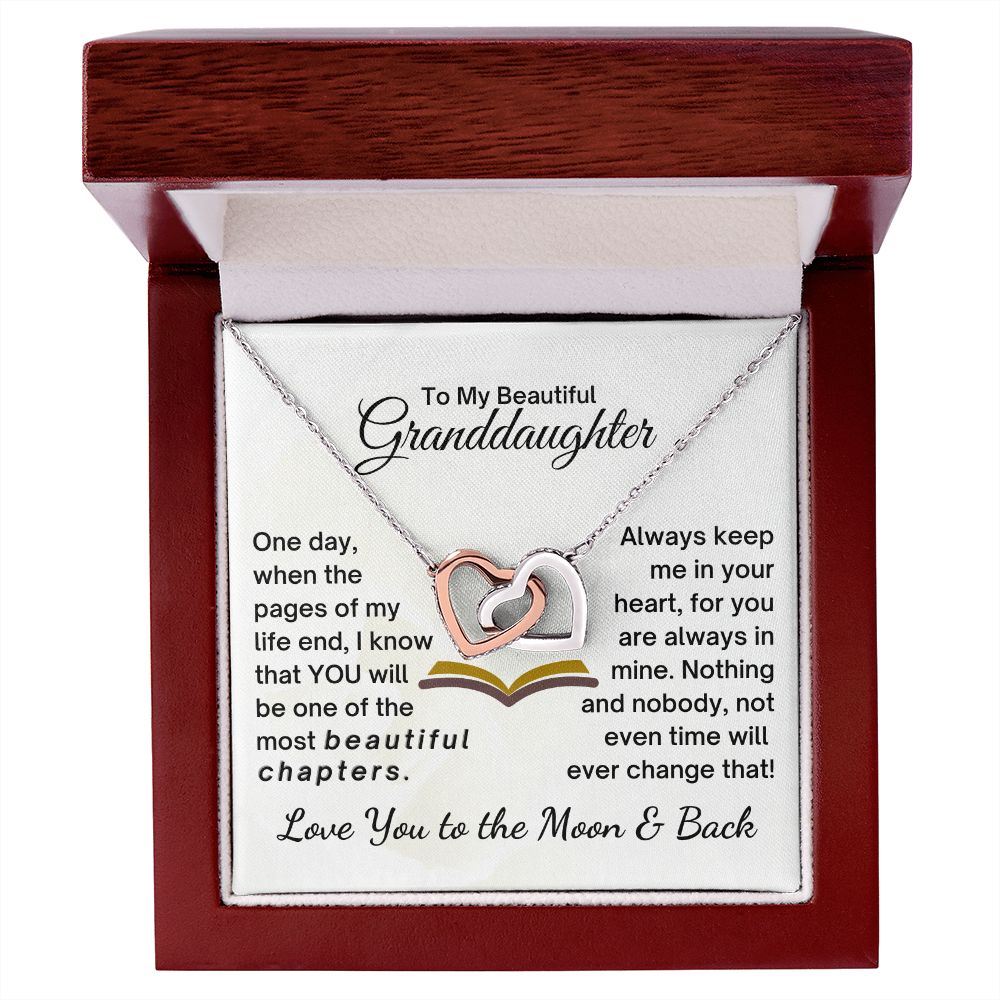 Granddaughter You Are One of My Beautiful Chapters - Interlocking Hearts Necklace - 14k white & Rose Gold finish - Mahogany Lux Box (w/LED)