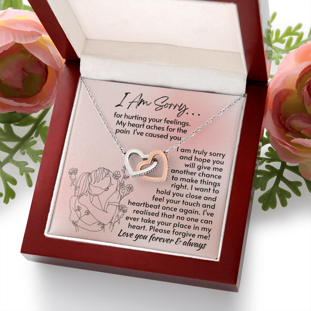I Am Sorry For Hurting Your Feelings - Interlocking Hearts Necklace - 14k  Steel & Rose Gold Finish Mahogany Lux Box (w/LED)