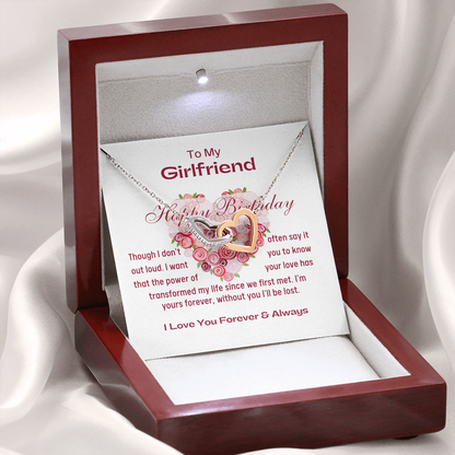 Happy Birthday To My Girlfriend Interlocking Hearts Necklace - Silver - Mahogany Lux Box (w/LED)