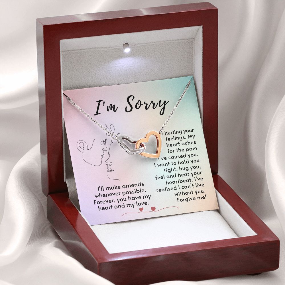 I'm Sorry For Hurting Your Feelings - Interlocking Hearts Stainless Steel Rose 18k Yellow gold finish - Mahogany Box (w/LED)