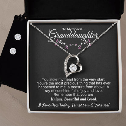 Granddaughter - You're A Treasure From Above - 14k white gold finish Forever Love Necklace & Earring Set - Standard Box