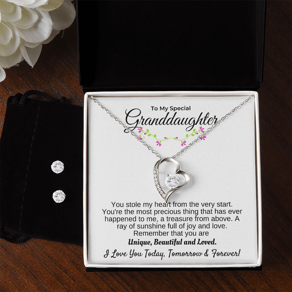 Granddaughter - You Stole My Heart Forever Necklace Earrings Set - 14k white gold finish - Standard Box