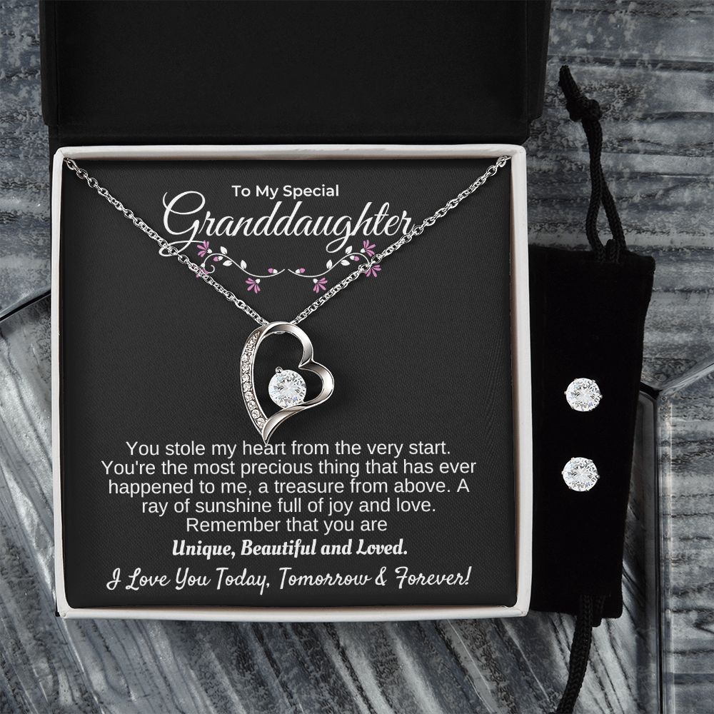 Granddaughter - You're A Treasure From Above - 14k white gold finish Forever Love Necklace & Earring Set - Standard Box