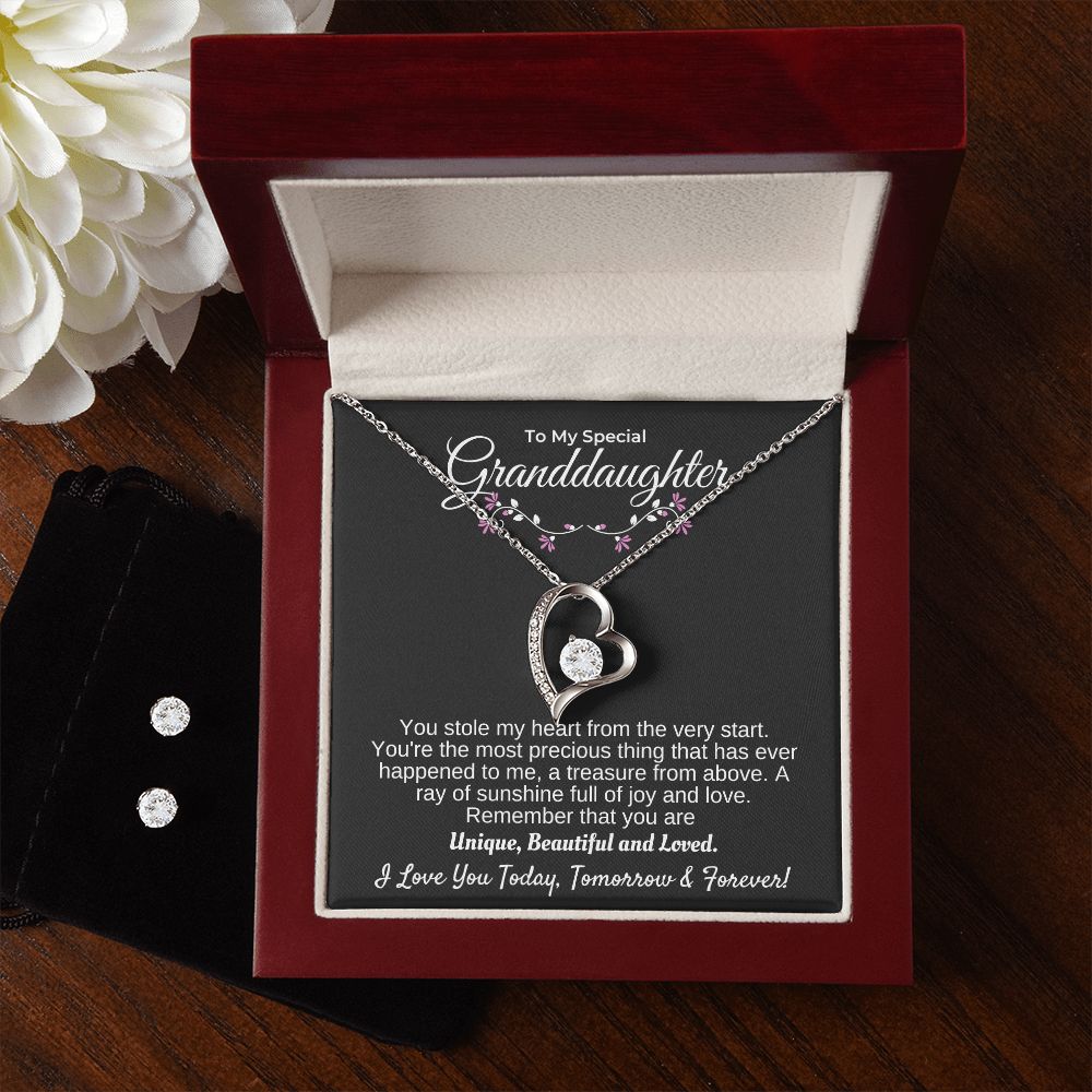 Granddaughter - You're A Treasure From Above - 14k white gold finish Forever Love Necklace & Earring Set - Mahogany Lux Box (w/LED)