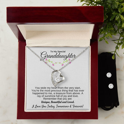 Granddaughter - You Stole My Heart Forever Necklace Earrings Set - 14k white gold finish - Mahogany Lux Box (w/LED)