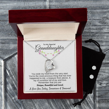 Granddaughter - You Stole My Heart Forever Necklace Earrings Set - 14k white gold finish - Mahogany Lux Box (w/LED)
