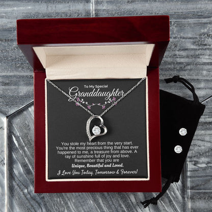 Granddaughter - You're A Treasure From Above - 14k white gold finish Forever Love Necklace & Earring Set - Mahogany Lux Box (w/LED)